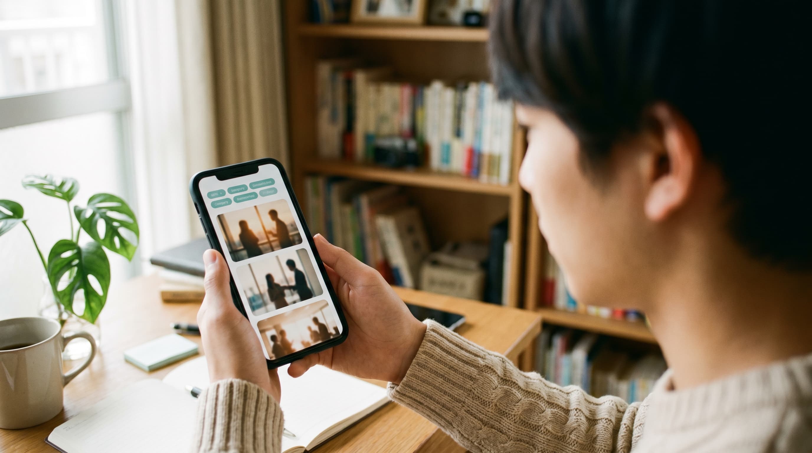 自宅の机でおすすめ企業動画を見る大学生